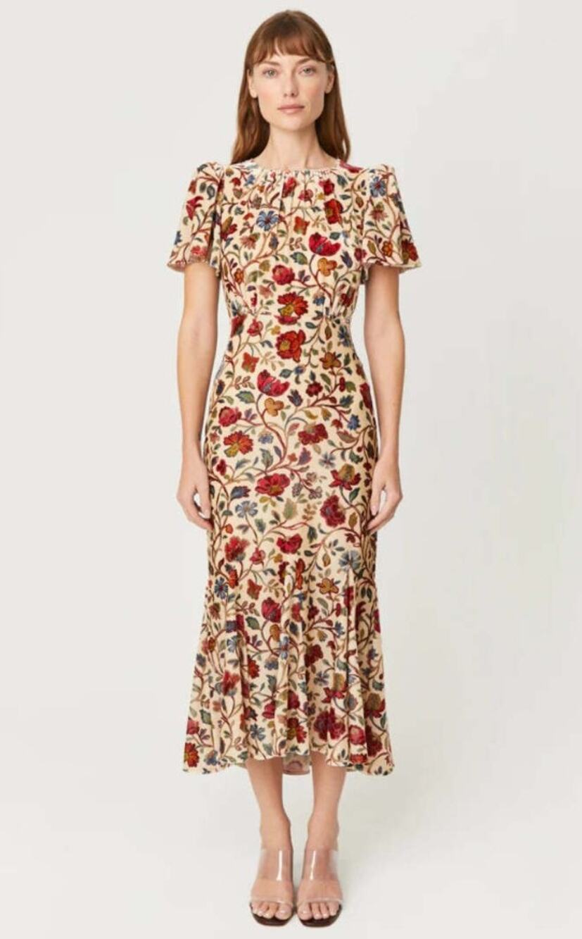 RHODE Arabella Midi Dress Cream Vichy Rose Floral Short Sleeve Velvet Size 6